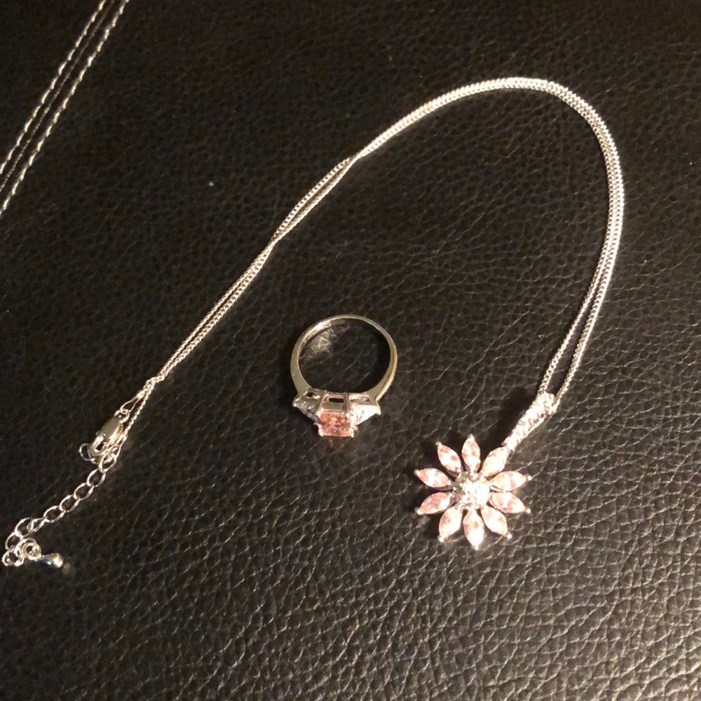 Pink Flower Necklace & Ring Set